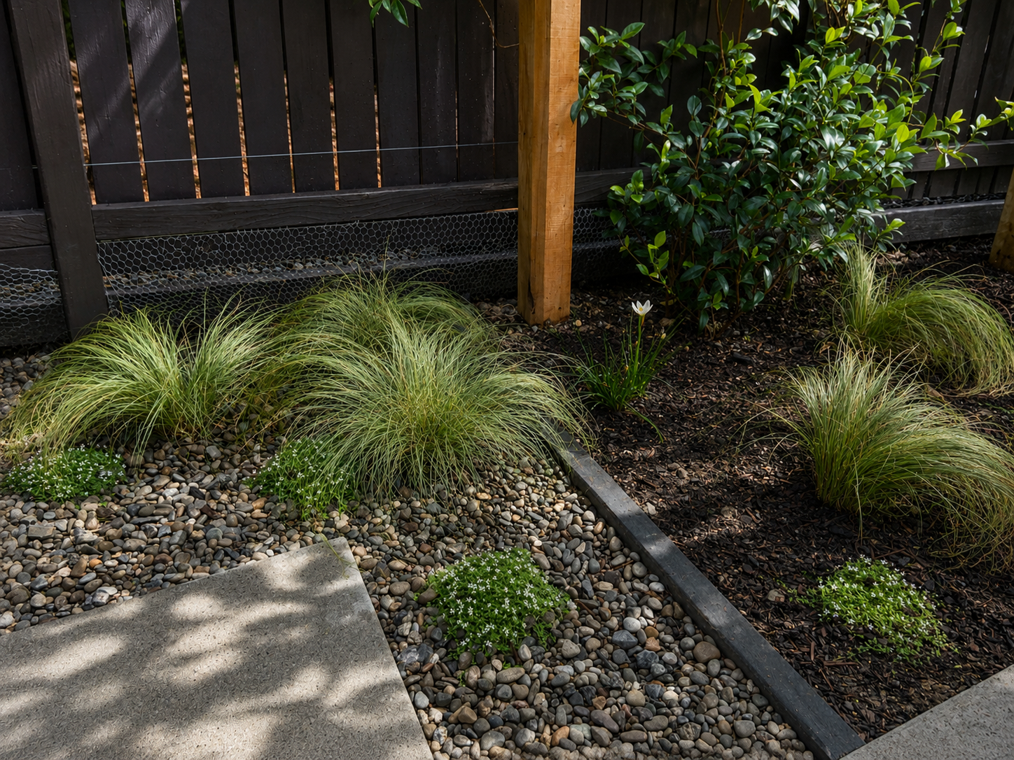 Native grasses and pebble mulch alongside concrete paver edge in courtyard garden
