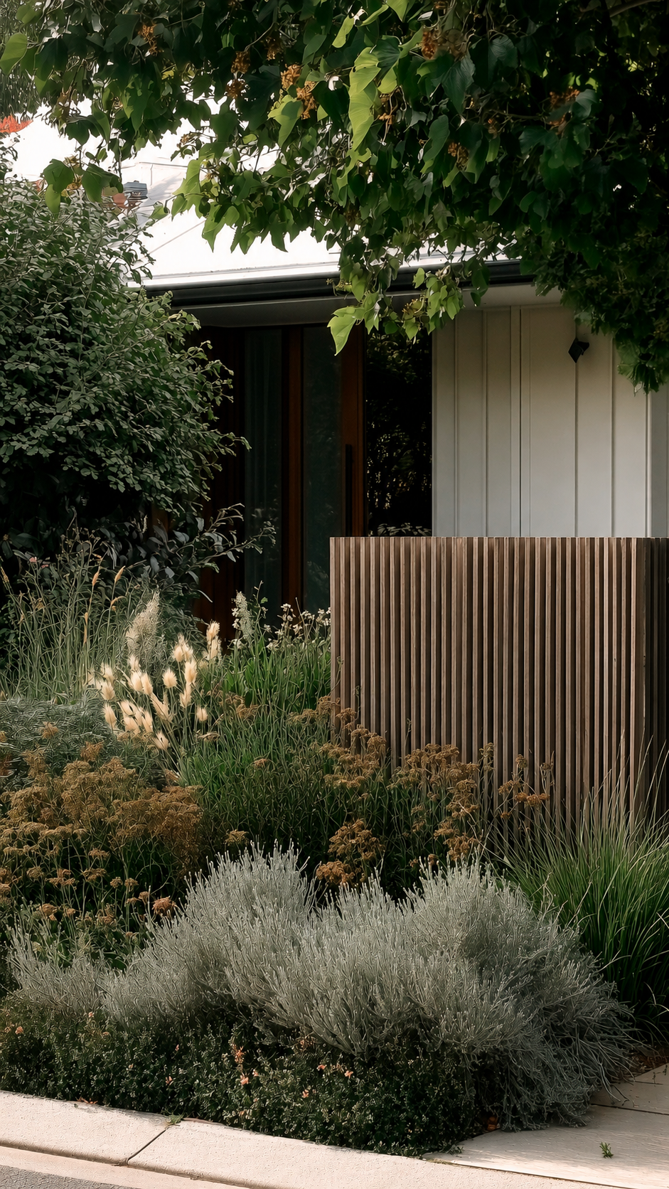 Native grasses and textured planting along a front path