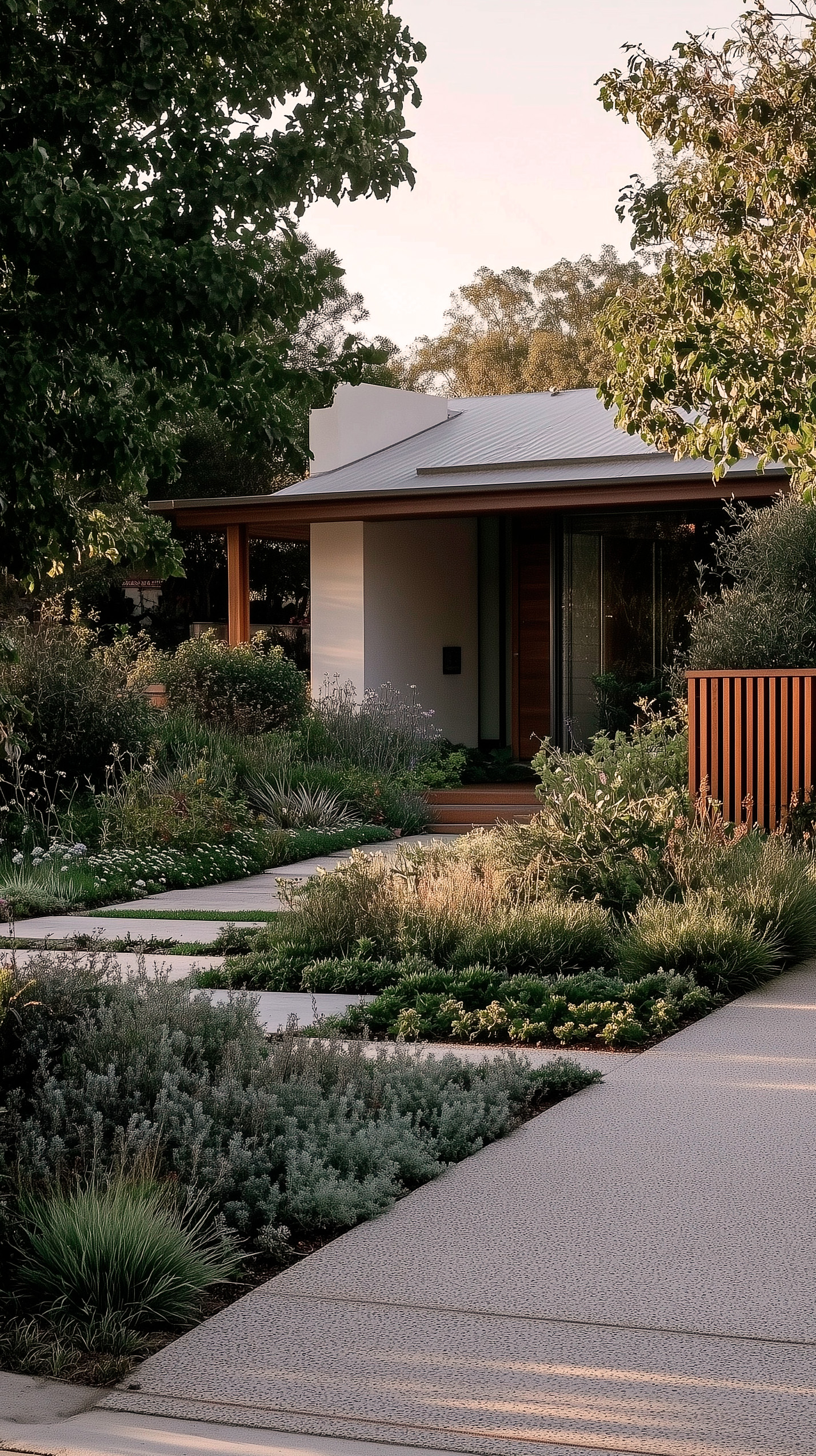 Planted front garden with a stepping stone path leading to a contemporary home at dusk