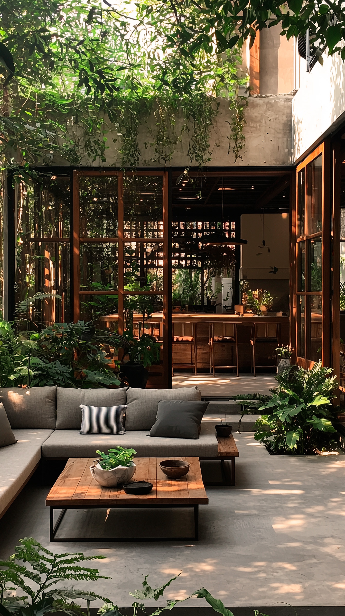 Sheltered courtyard lounge surrounded by lush green planting