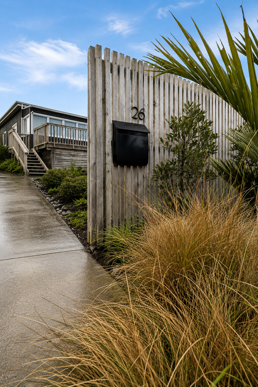 Front entry path with curved timber fence, letterbox and ornamental grasses
