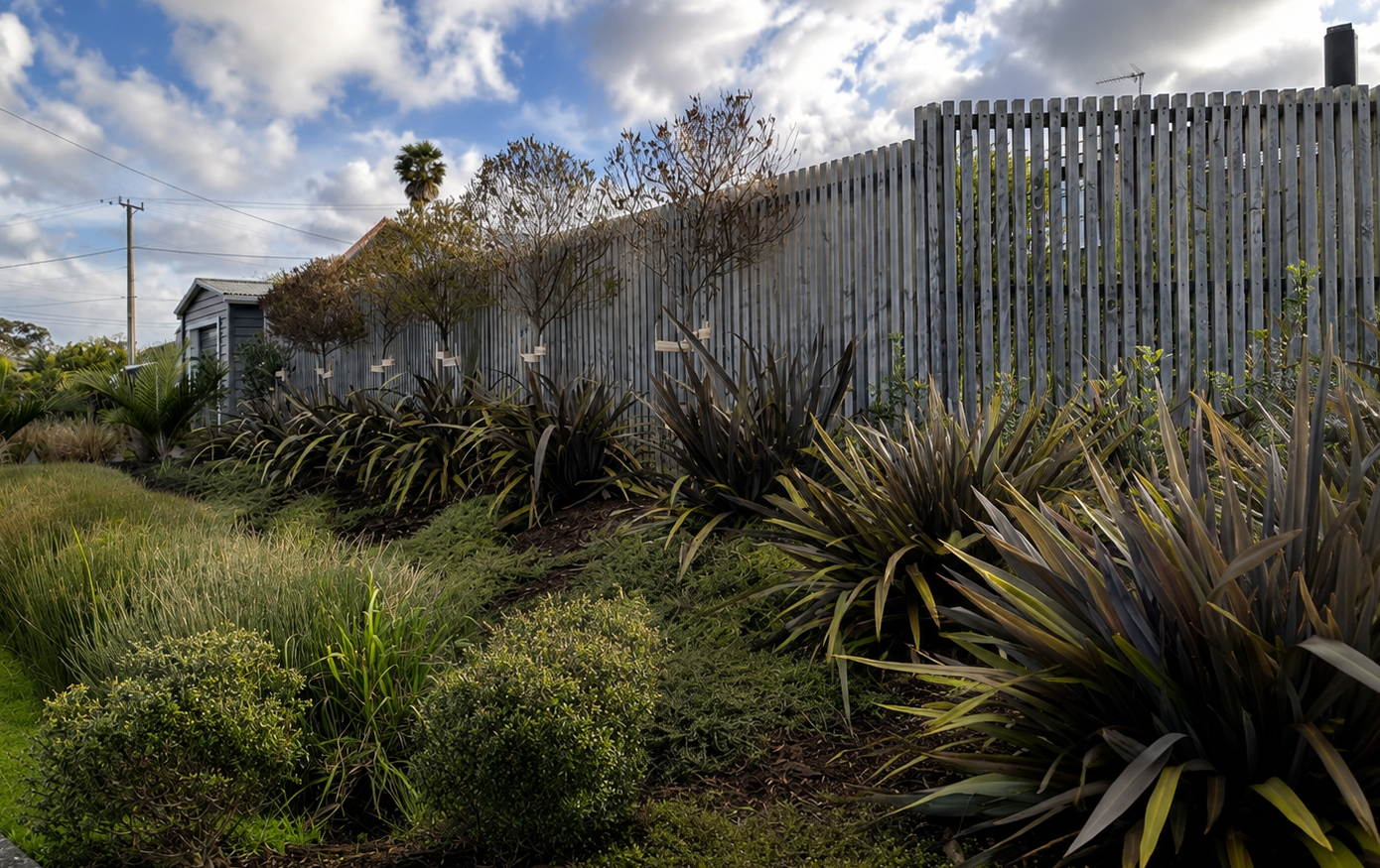 Boundary planting with native grasses and flax along timber paling fence