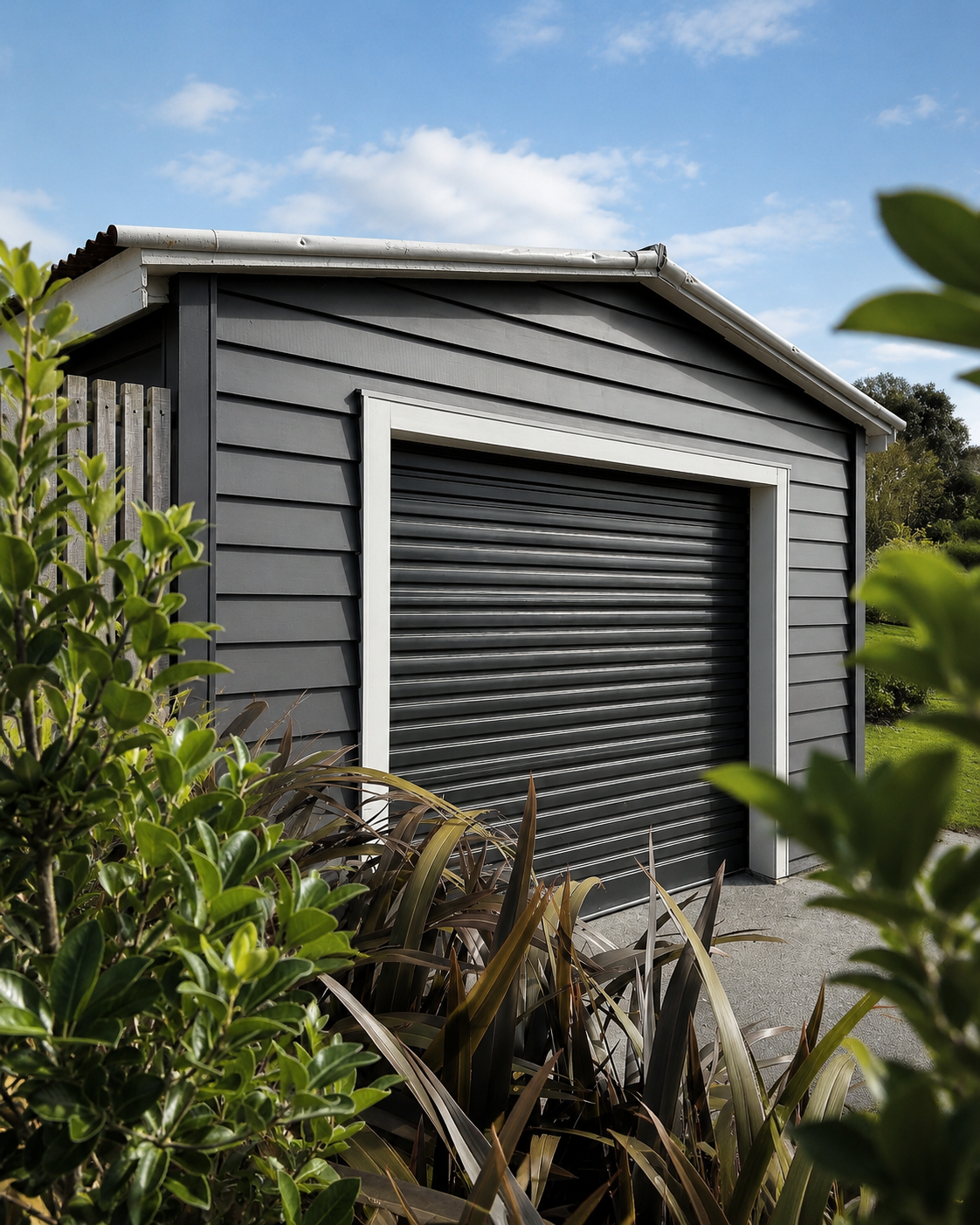 Garage outbuilding framed by established shrubs and native planting
