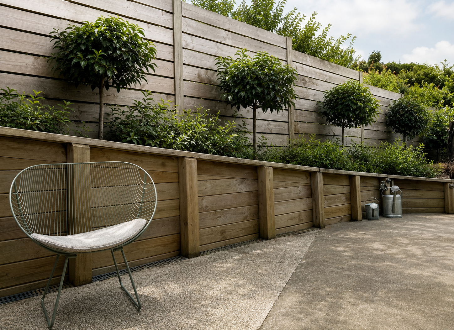 Raised timber planters with standard trees along fence, wire chair on gravel courtyard