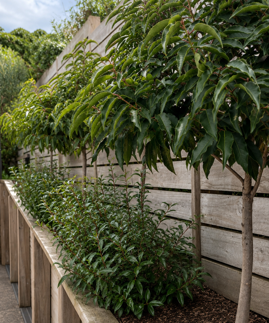 Standard trees with underplanted hedge in raised timber planter
