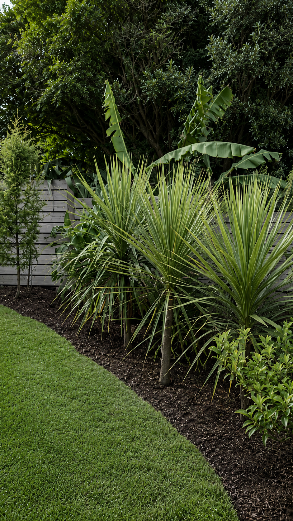 Lawn edge with subtropical planting, cabbage tree and banana palm against timber fence