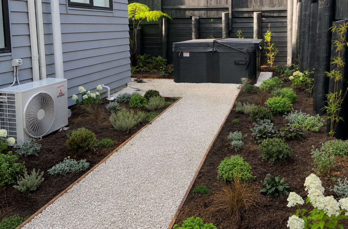 Gravel path through side garden with low mixed planting on both sides