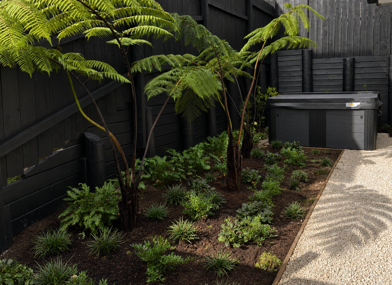 Tree ferns and lush underplanting against dark timber fence