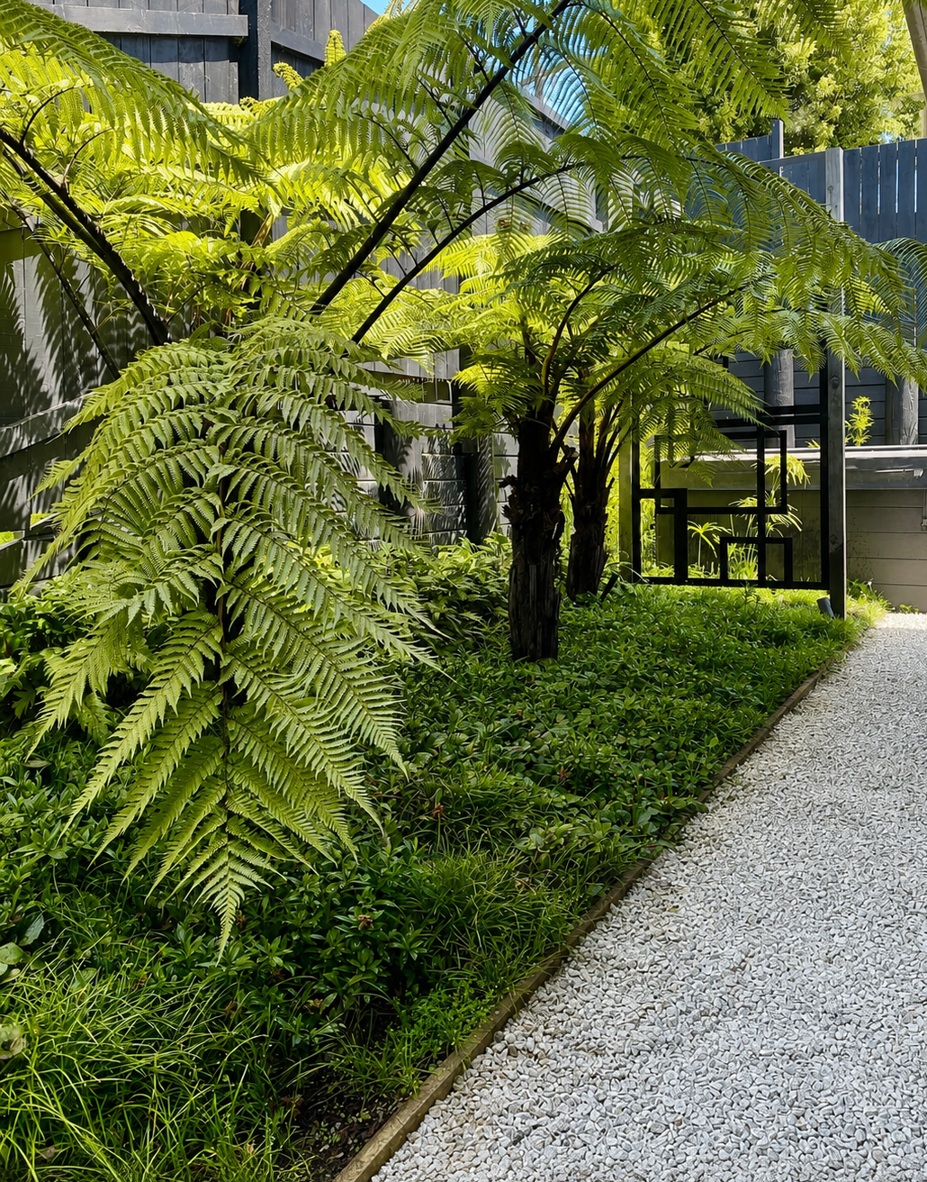 Tree fern canopy over gravel path with dense green groundcover