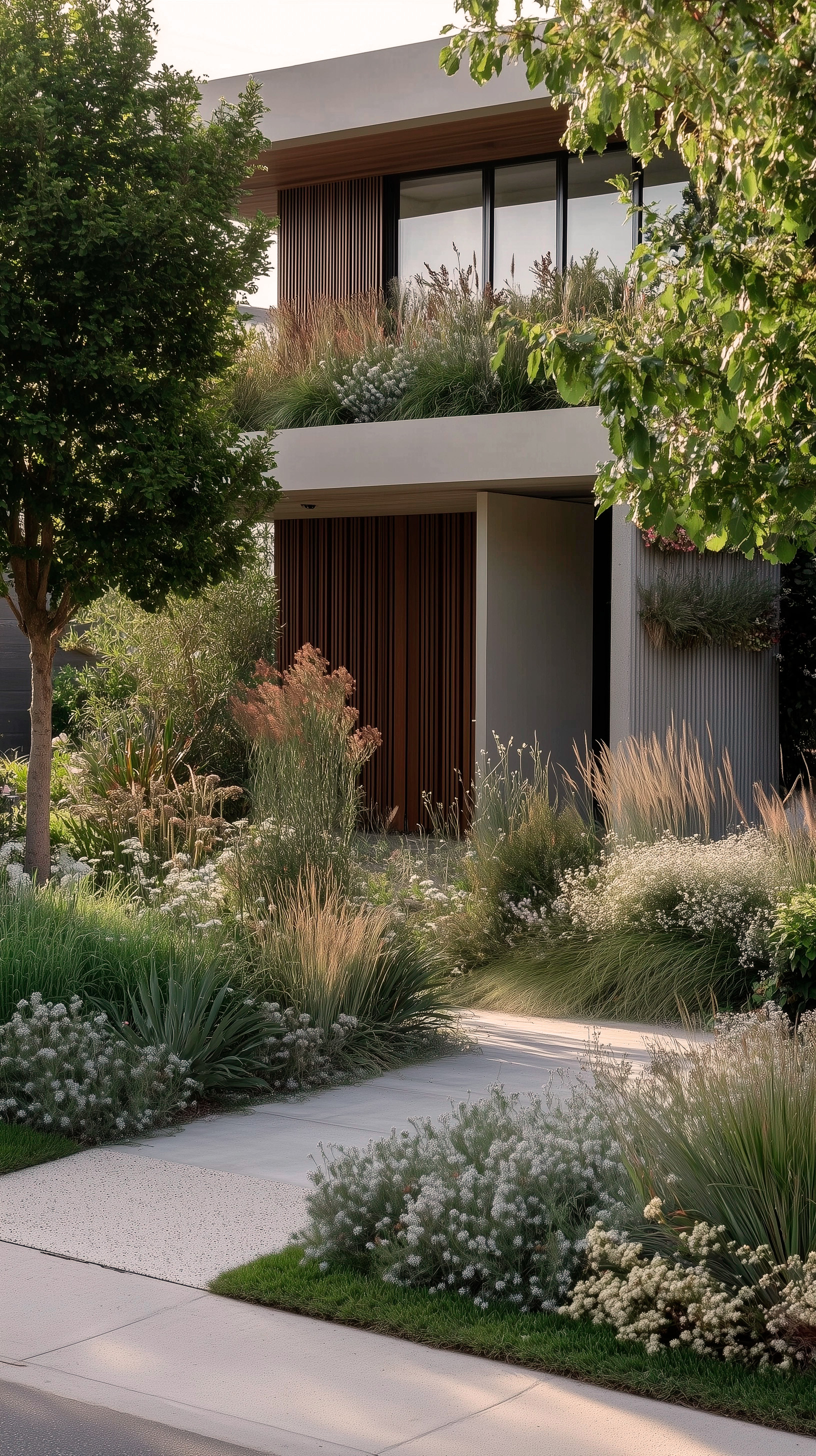 Garden lounge beneath a striped awning, framed by layered planting