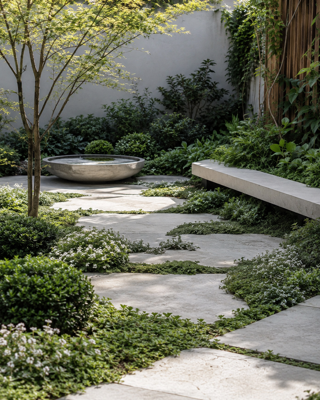 Water feature surrounded by lush planting in a courtyard garden